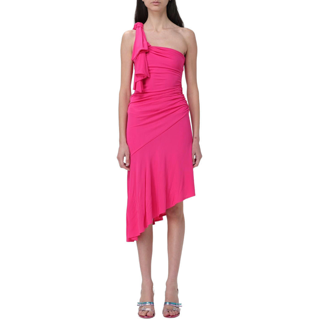 Pinko – Sagrantino fuchsia one-shoulder dress – front view with asymmetrical hem and shoulder ruffle