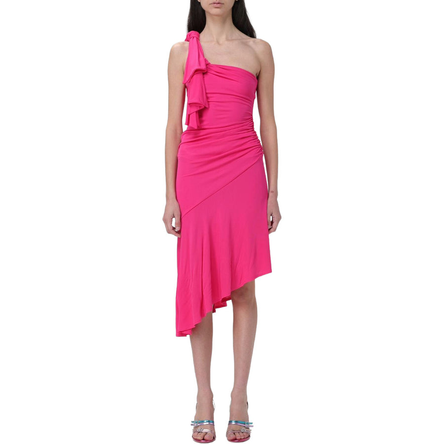 Pinko – Sagrantino fuchsia one-shoulder dress – front view with asymmetrical hem and shoulder ruffle