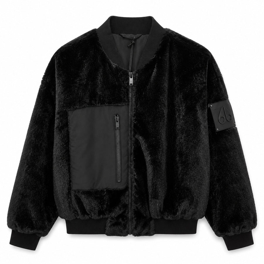 Moose Knuckles – black fur bomber jacket – front packshot with chest and sleeve pockets