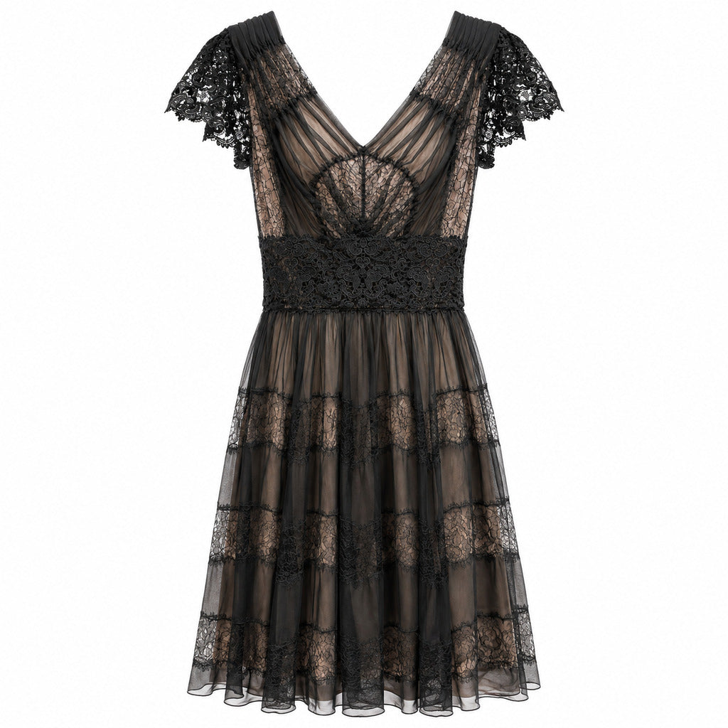 Dolce & Gabbana – black lace midi dress – front view, sheer panels and tiered skirt