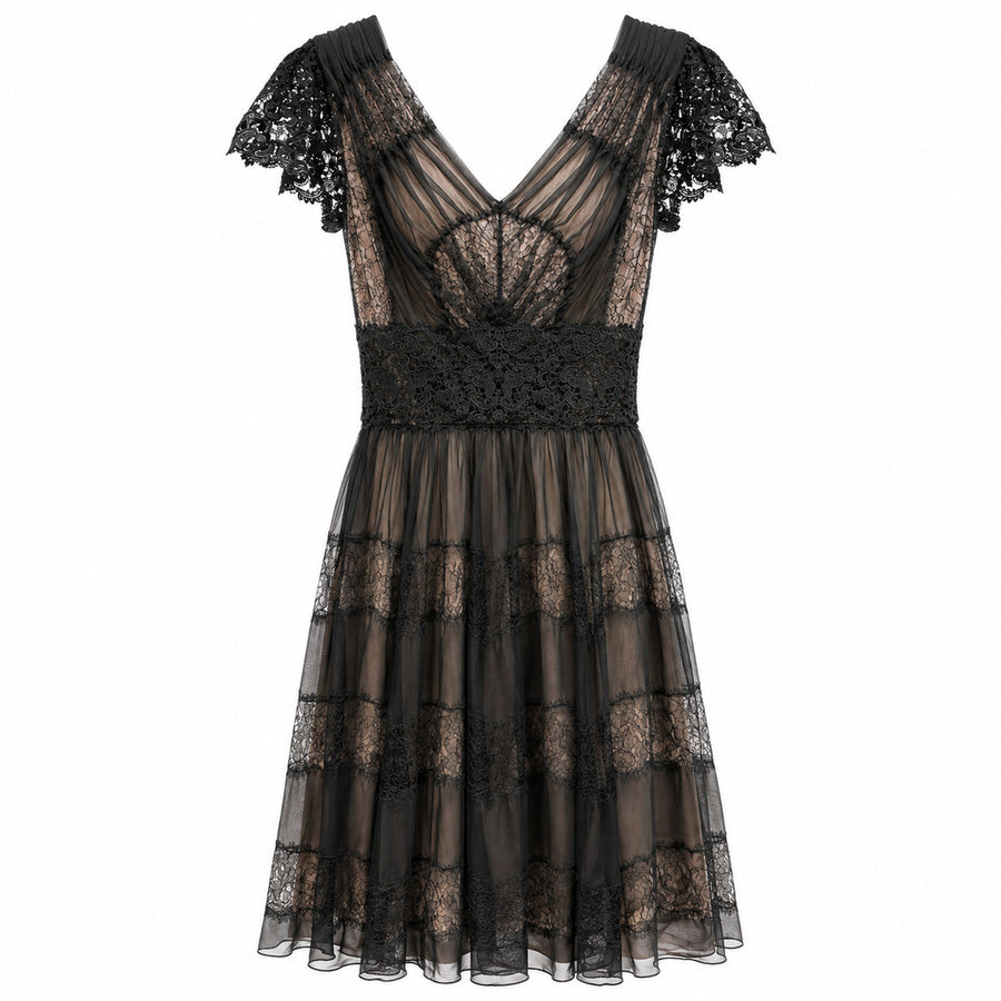 Dolce & Gabbana – black lace midi dress – front view, sheer panels and tiered skirt