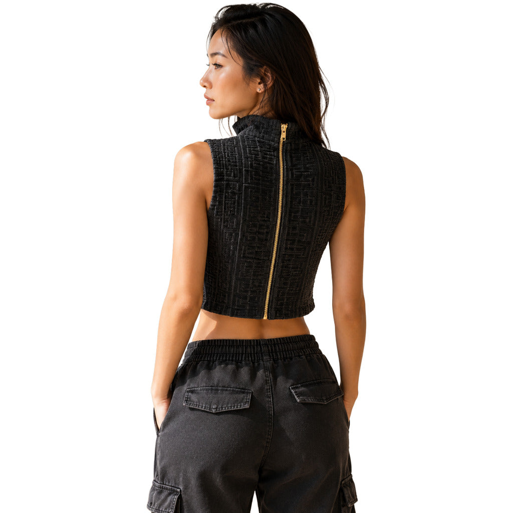 Balmain – black textured sleeveless crop top – back view with gold zipper