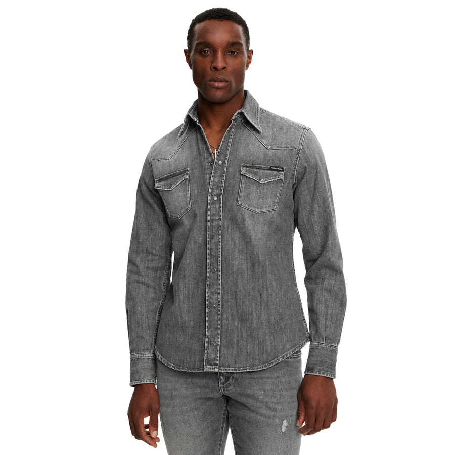 Dolce & Gabbana – grey denim shirt – front view worn with two chest pockets