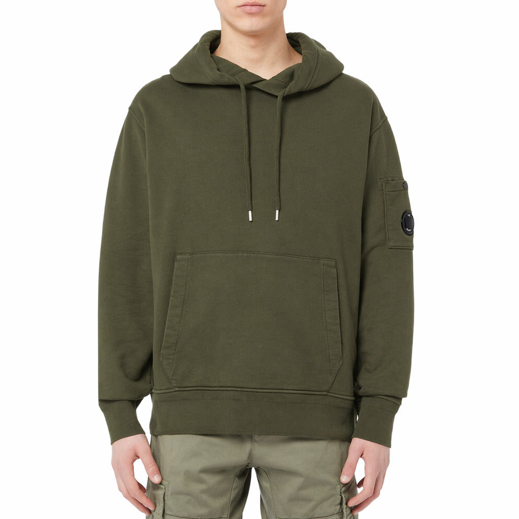 C.P. Company – green cotton Goggles hoodie – front view with sleeve pocket