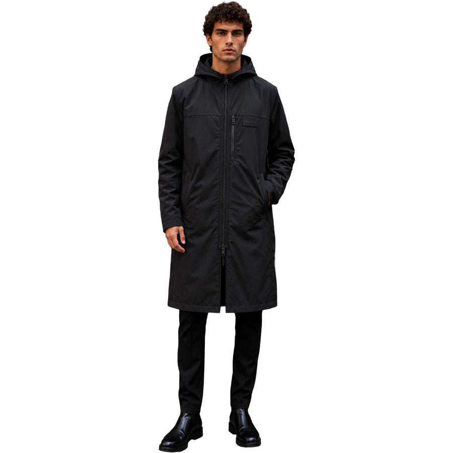 Dolce & Gabbana – black hooded long windbreaker jacket – front view worn by model