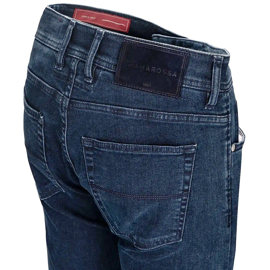 Tramarossa – blue indigo jeans – angled back close-up showing pocket and waistband label