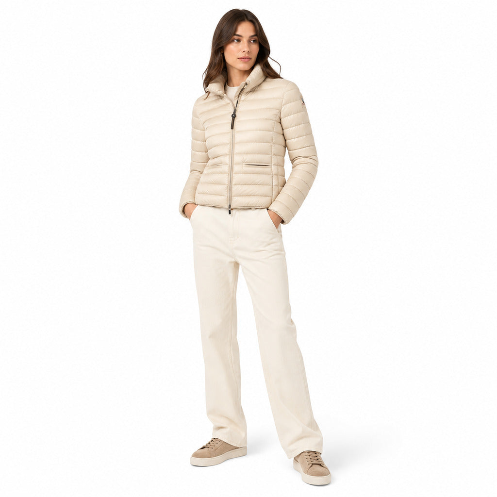 Parajumpers – Winona beige down jacket – model wearing it from the front with cream trousers
