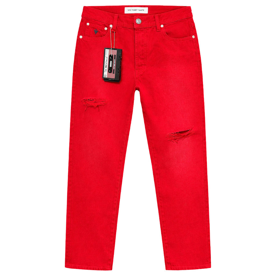 Elisabetta Franchi – red jeans – front flat-lay view with distressed details and hanging tag