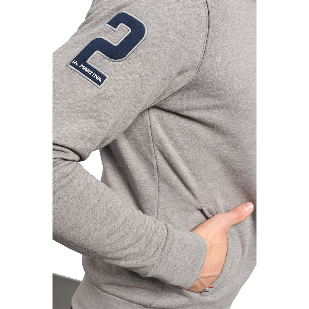 La Martina – Brushed Fleece Full-Zip Sweatshirt in Grey – sleeve patch and pocket detail
