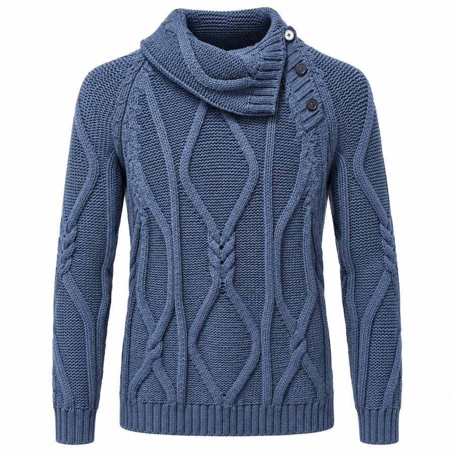 Dolce & Gabbana – blue cotton sweater – front packshot with cable-knit pattern and buttoned collar