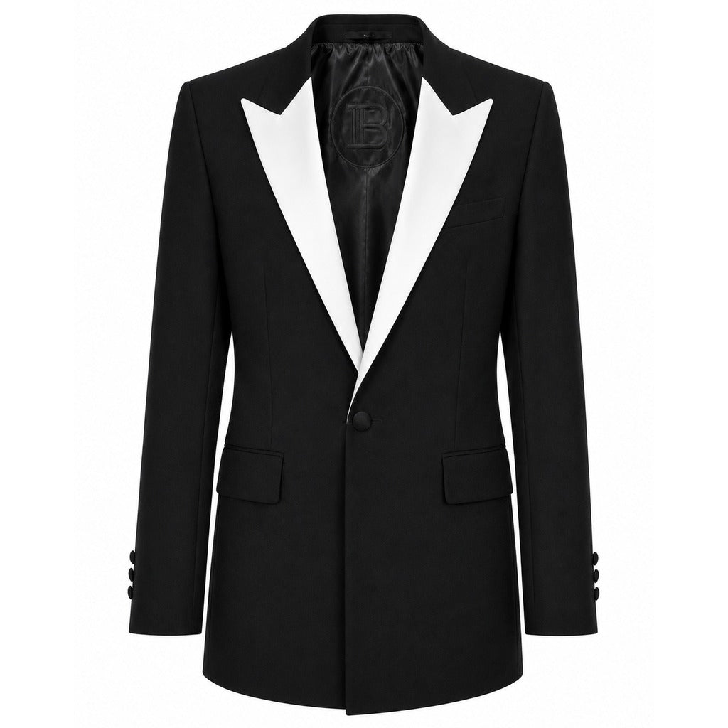 Balmain – black formal jacket with white peak lapels – front packshot with single button