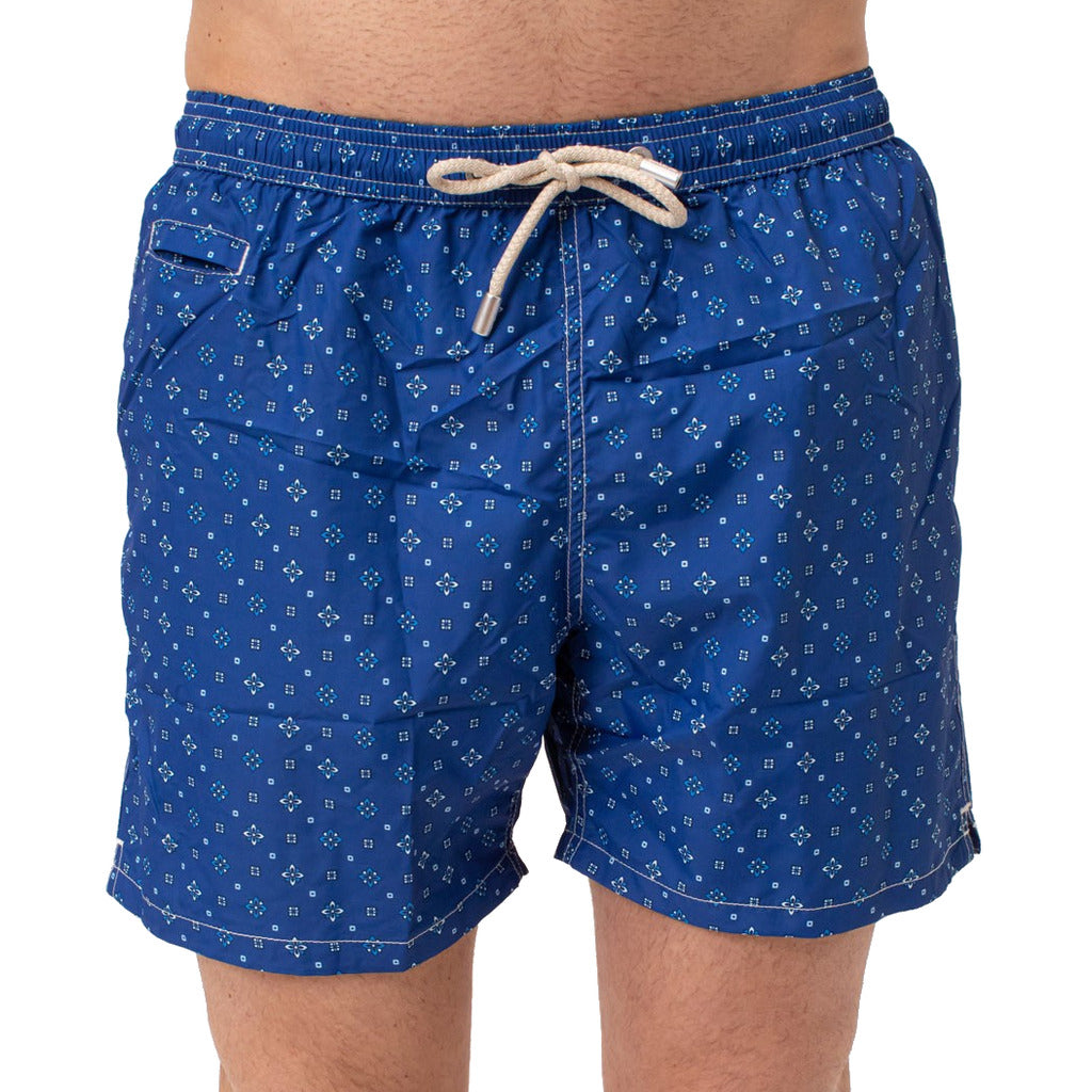 Mc2 Saint Barth – blue patterned swim trunks – front view with drawstring waist