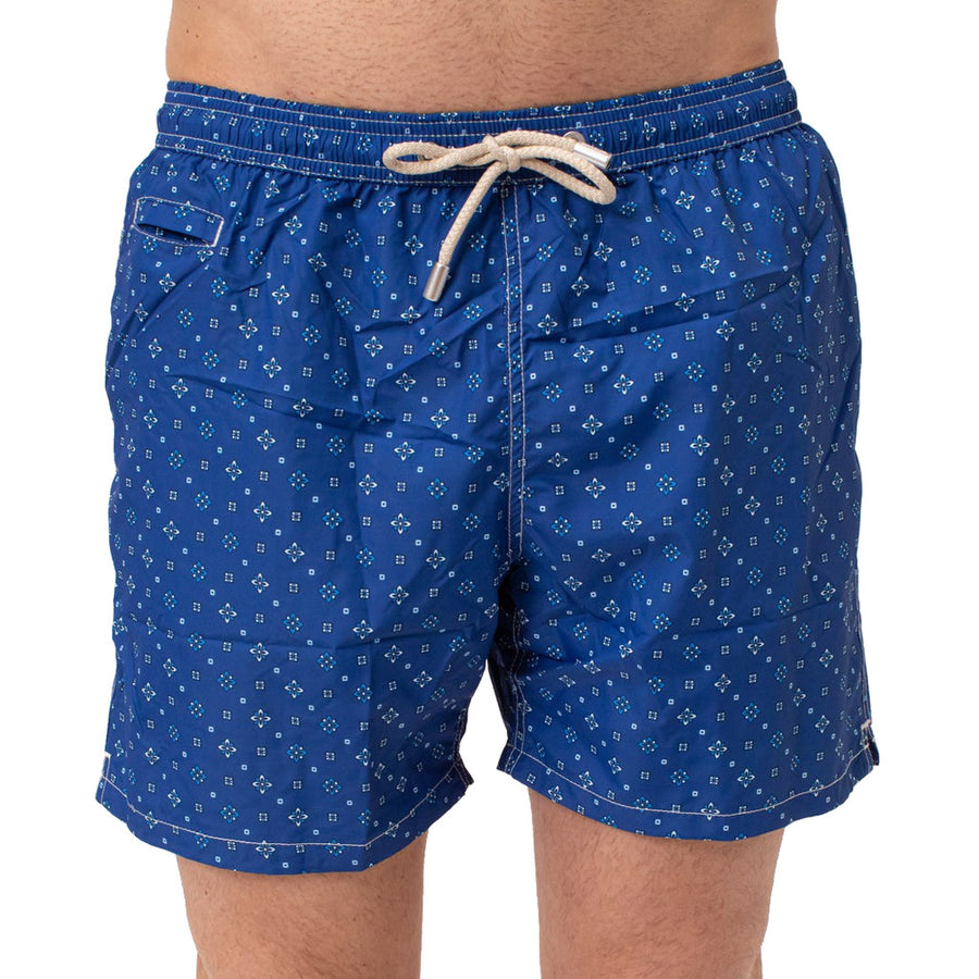 Mc2 Saint Barth – blue patterned swim trunks – front view with drawstring waist