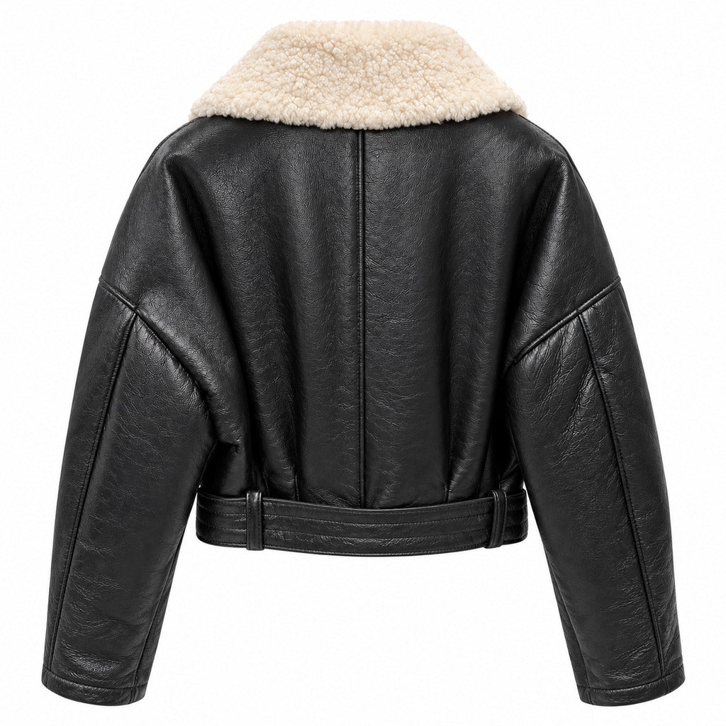 Dolce & Gabbana – black lambskin shearling jacket – back view with cream collar
