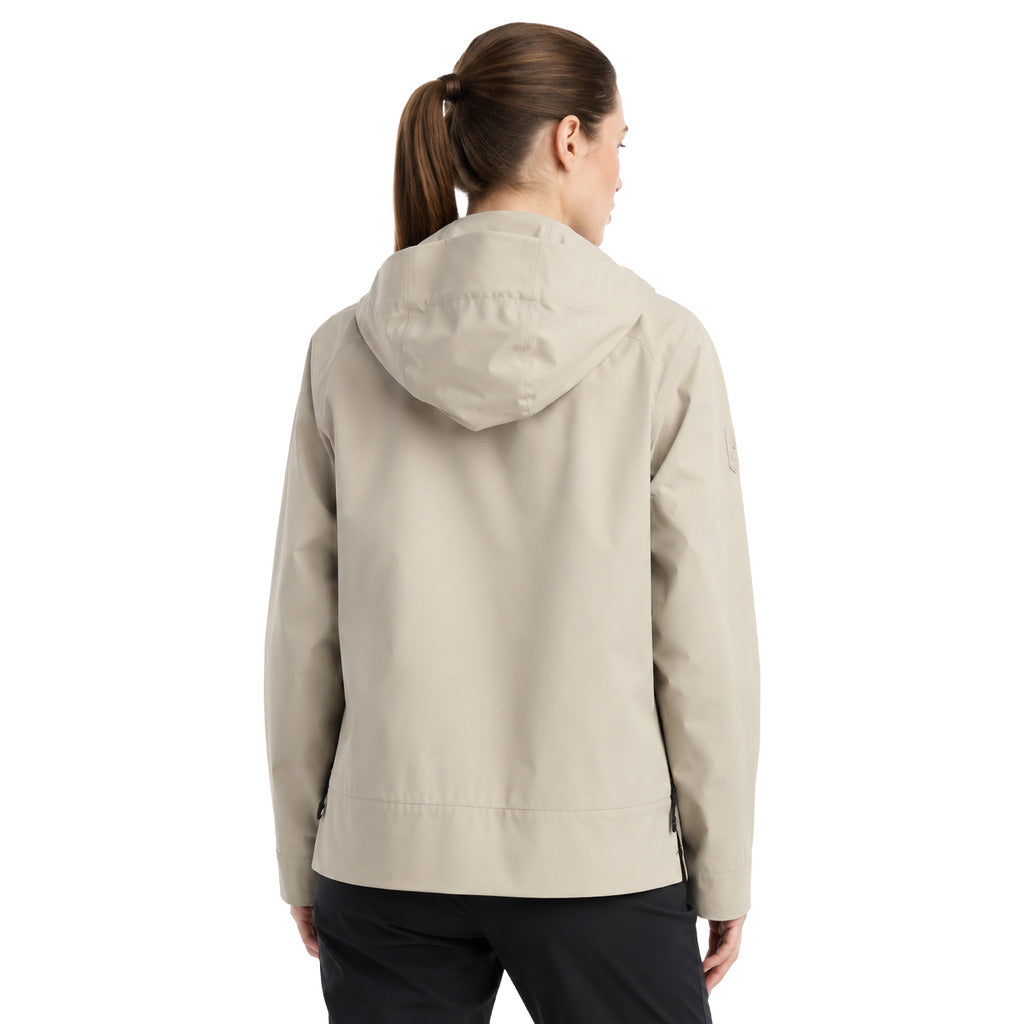 Parajumpers – Sebiana beige technical fabric jacket – Back view showing the hood and straight hem