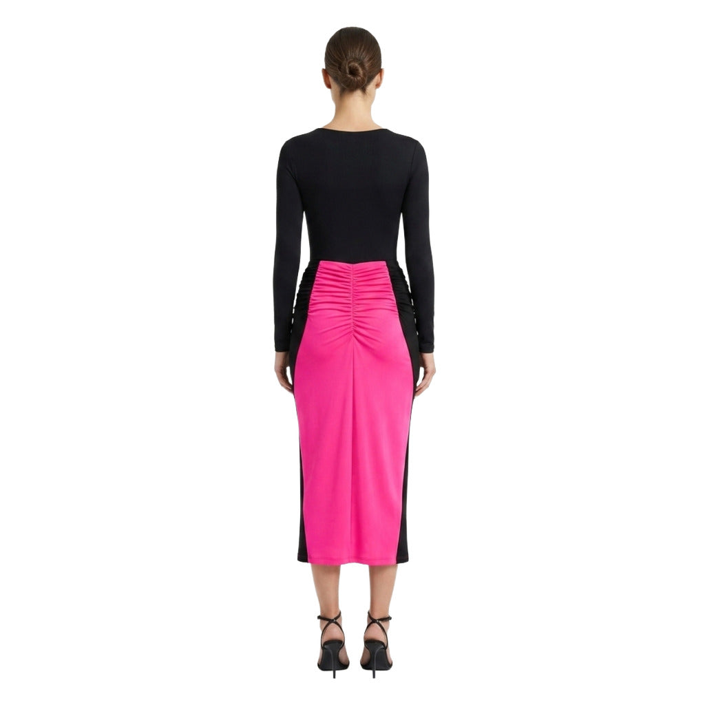 Pinko – fuchsia and black fitted skirt – back view showing gathered waist