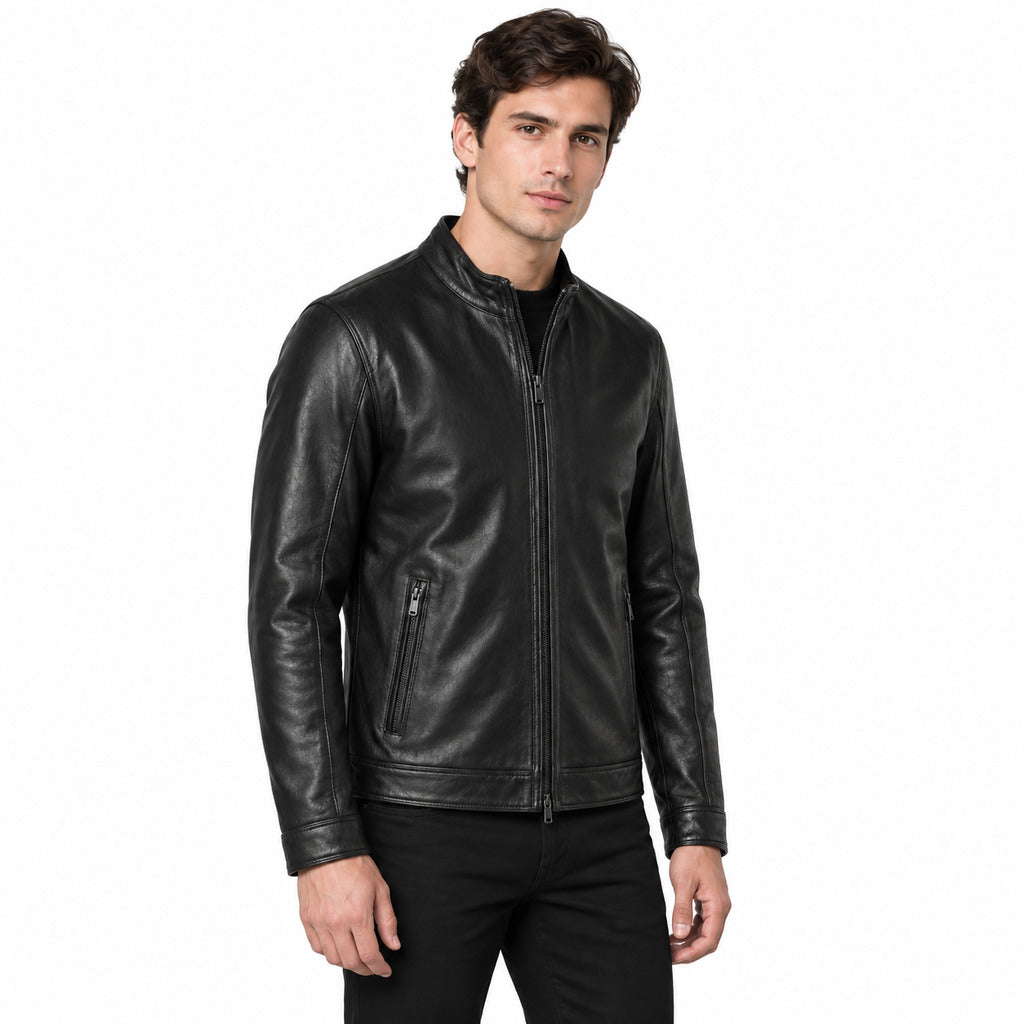 Emilio Romanelli – black calfskin jacket – worn by a model, shown from the front