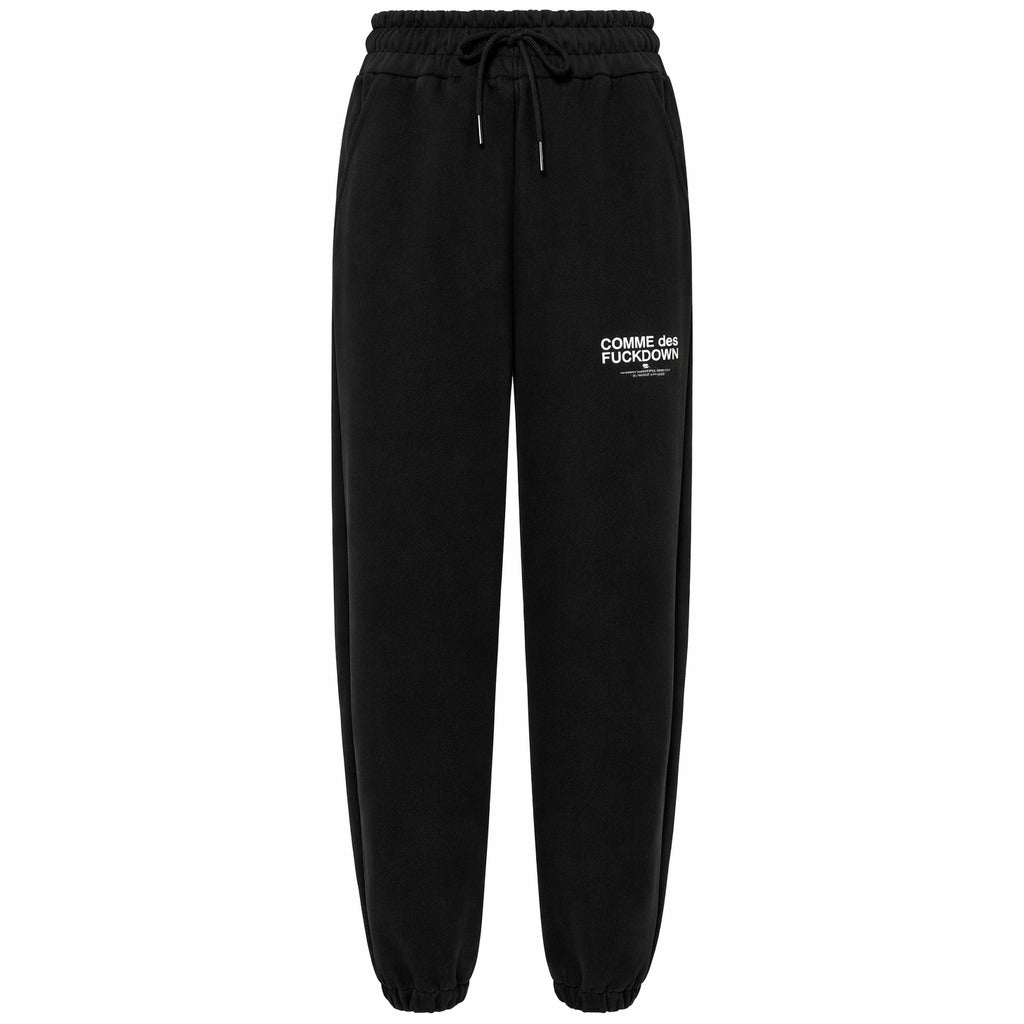 Comme Des Fuckdown – logo-print black sweatpants – front view with drawstring and thigh logo
