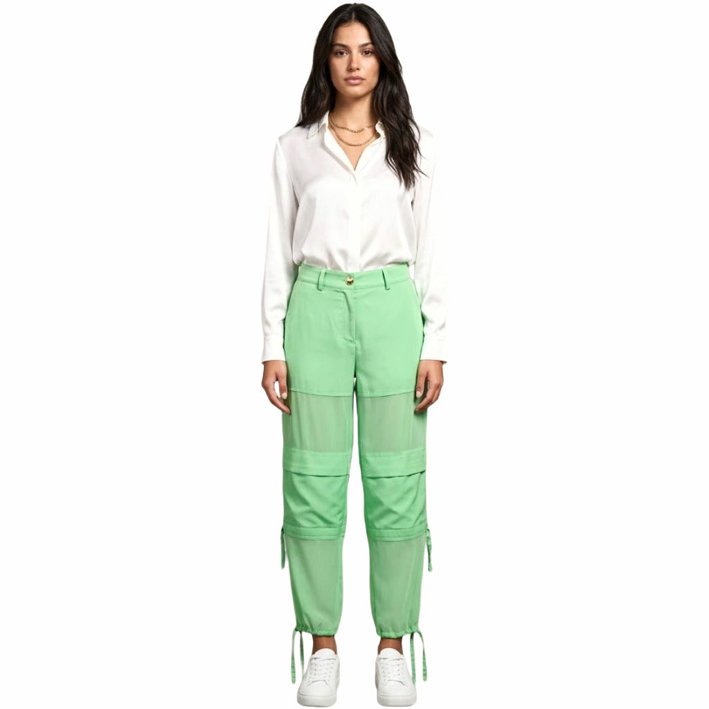 Pinko – green Priapo cargo trousers – front view worn with white blouse