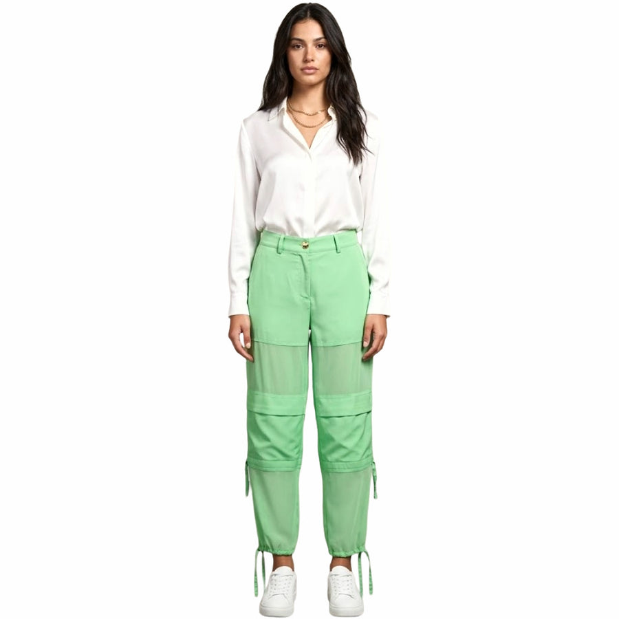 Pinko – green Priapo cargo trousers – front view worn with white blouse