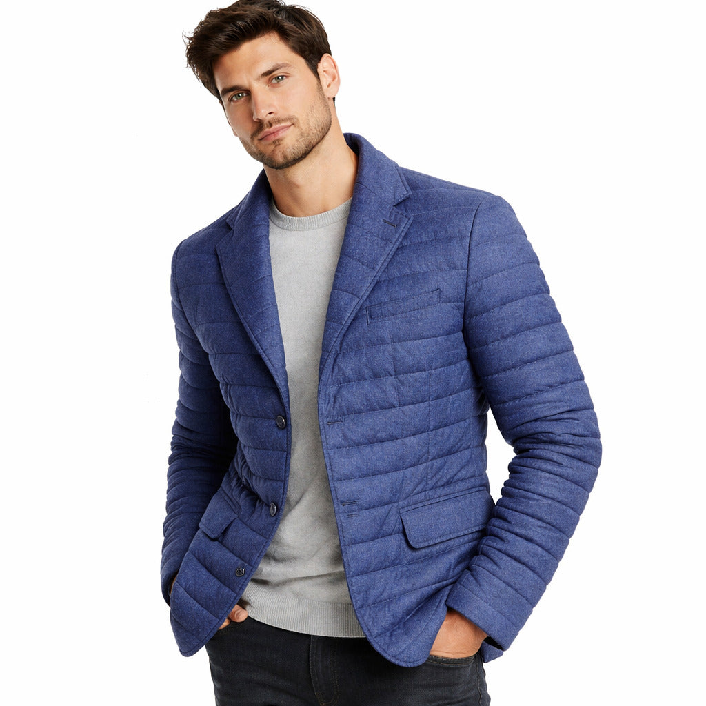 Herno – blue silk-cashmere quilted jacket – front view worn over a light sweater