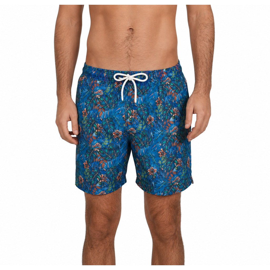Yes Zee – dark blue tropical-print polyester Bermuda shorts – front view with drawstring