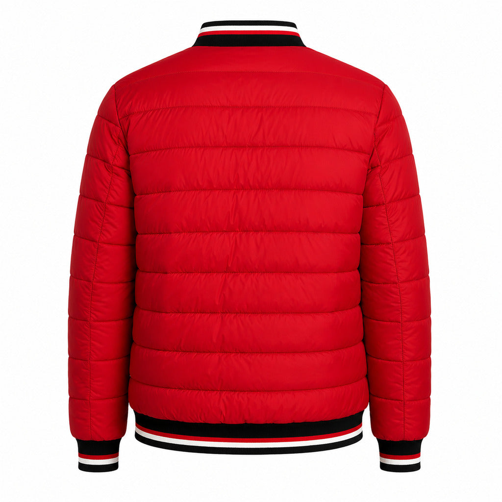 Moose Knuckles – Red Varsity down jacket – Flat back view with striped hems