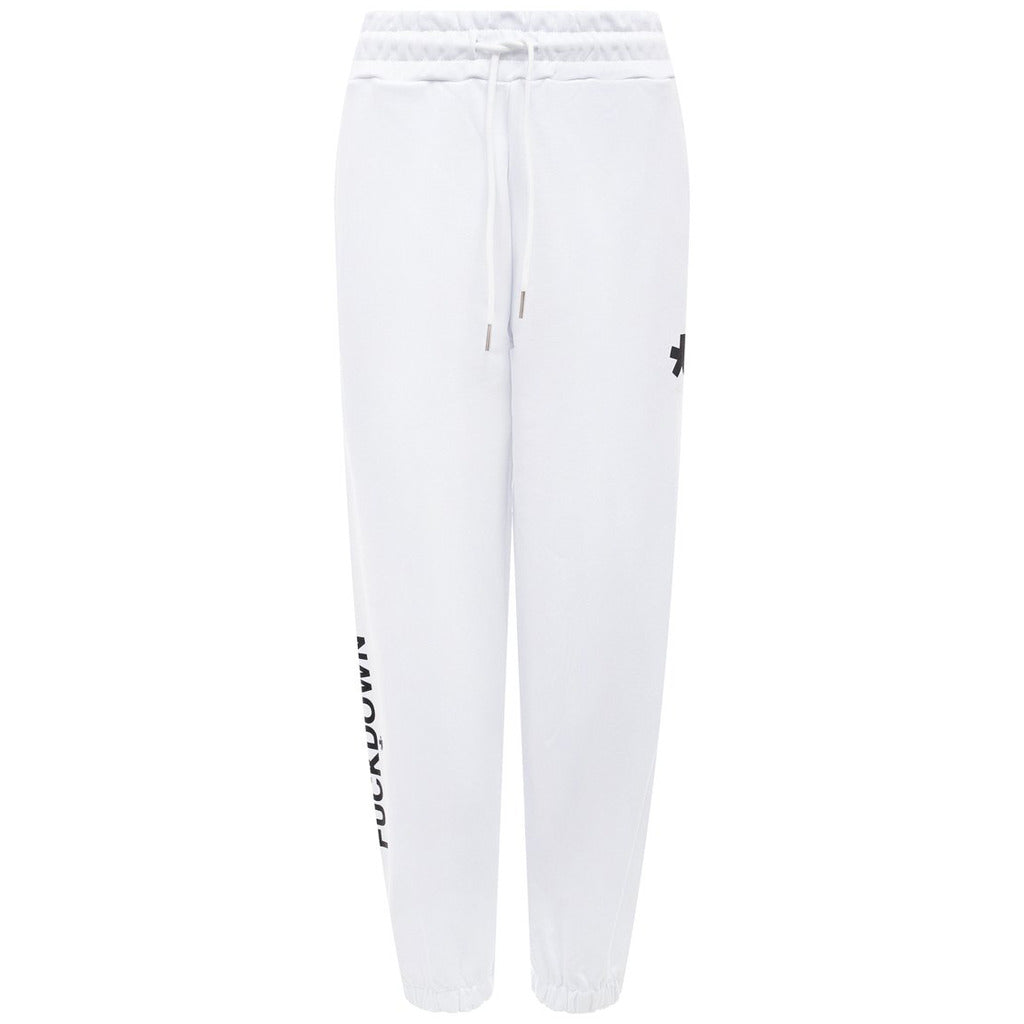 Comme Des Fuckdown – Printed Fleece Pants – Flat front view in white with drawstring and dark logos