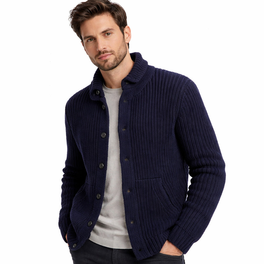 Herno – blue knitted jacket – front view worn by model