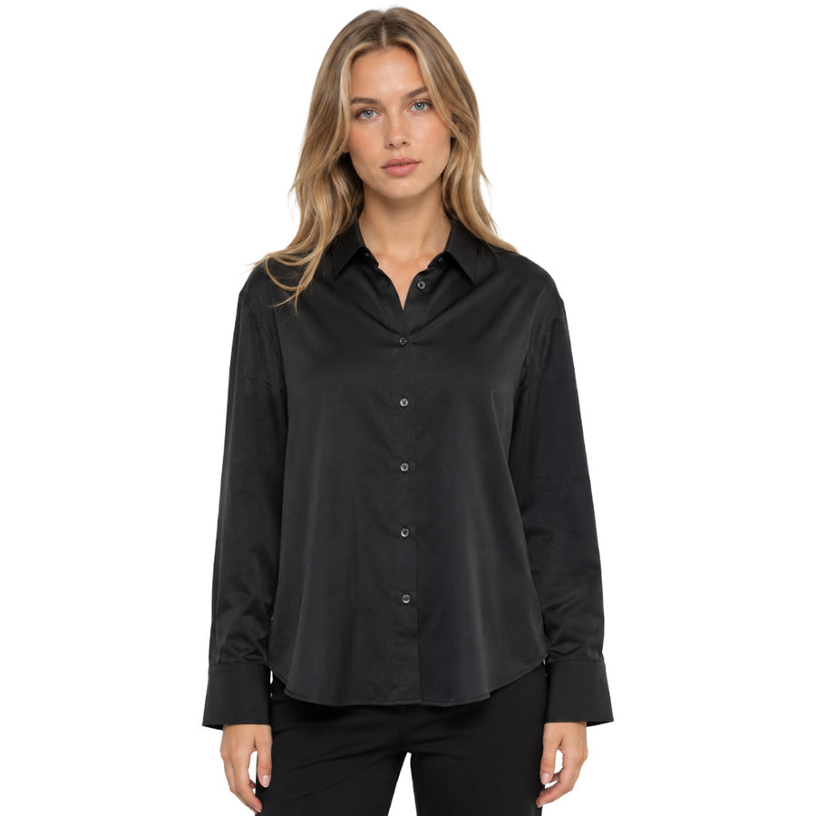 Patrizia Pepe – black long-sleeve shirt – front view worn by model