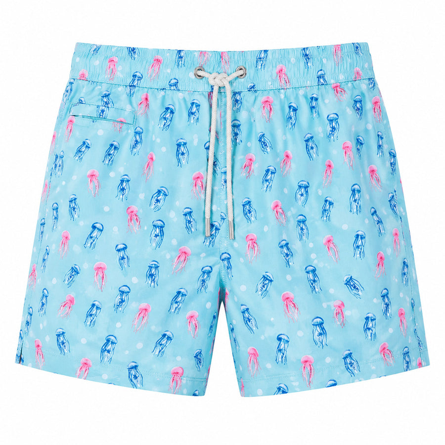 Mc2 Saint Barth – light blue jellyfish-print swim trunks – flat front view with drawstring