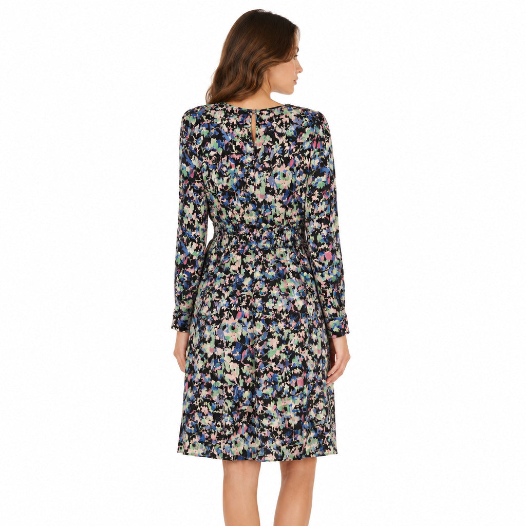 Patrizia Pepe – multicolor floral-print long-sleeved dress – back view with waist tie and keyhole neckline