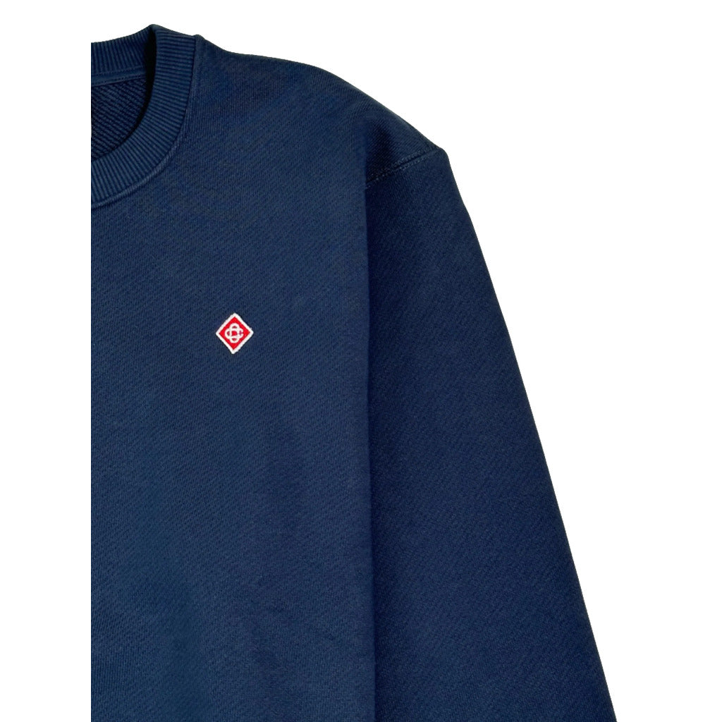 Casablanca – blue crewneck logo sweatshirt – close-up of neckline, chest emblem and sleeve