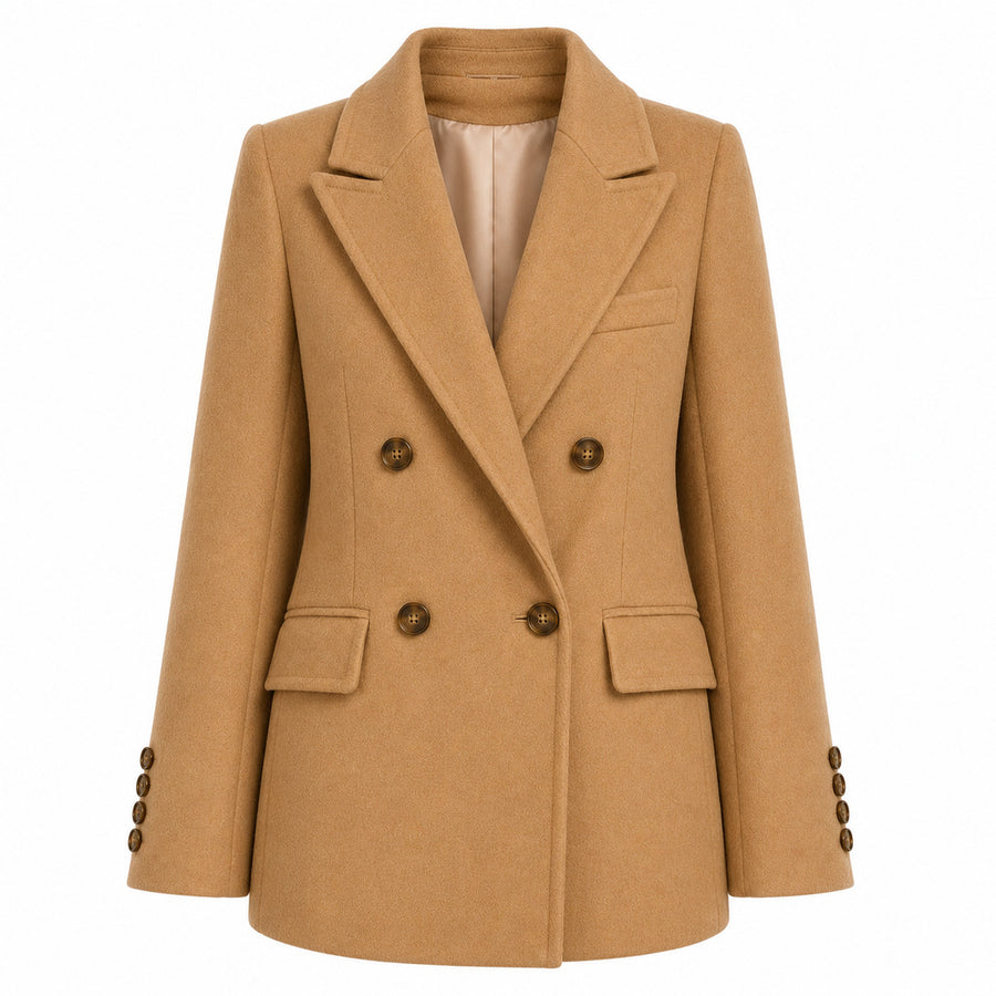 Loro Piana Tessuto – camel double-breasted wool coat – front packshot with four buttons