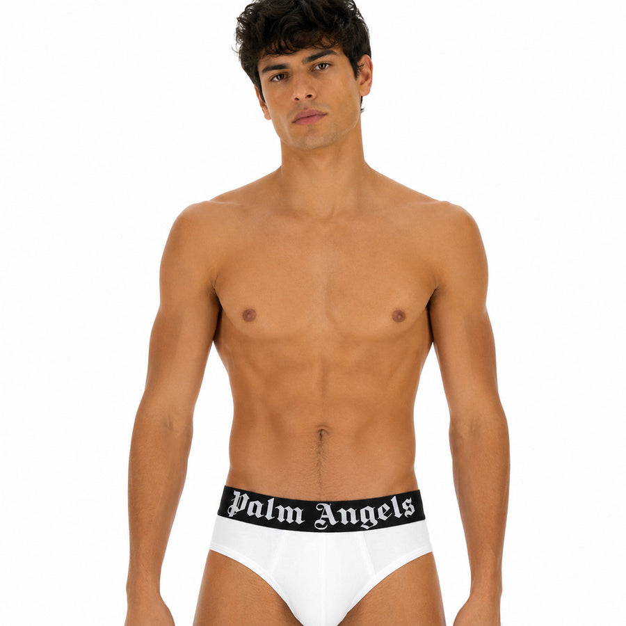 Palm Angels – white men's briefs with black waistband – front view worn by model