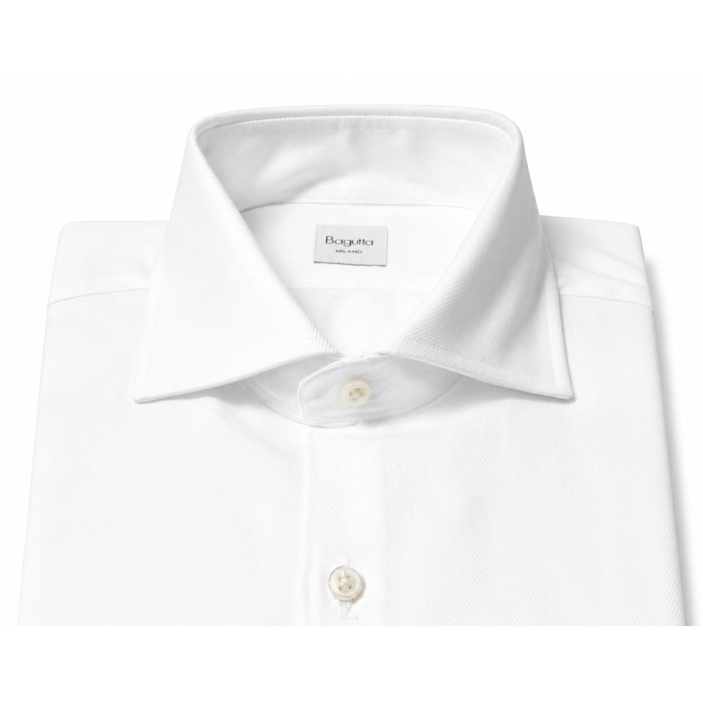 Bagutta – Brando slim-fit white shirt – straight-on collar detail with visible neck label