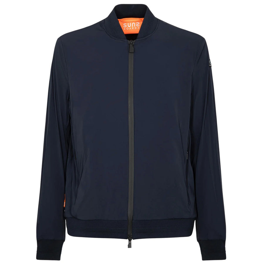 Suns – Fuji Ice Grey Stretch Jacket – front view in dark navy with orange collar label