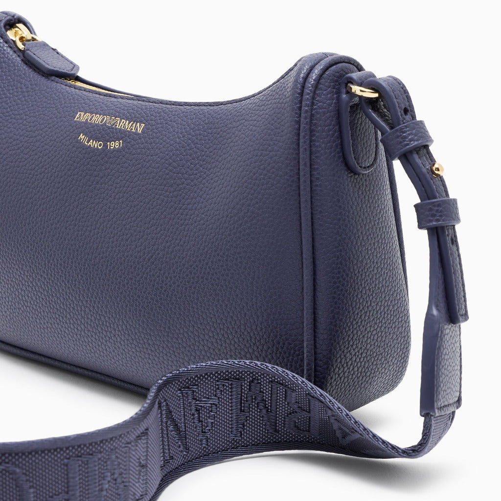 Emporio Armani – purple faux leather mini baguette shoulder bag – close-up of adjustable strap and pebbled texture