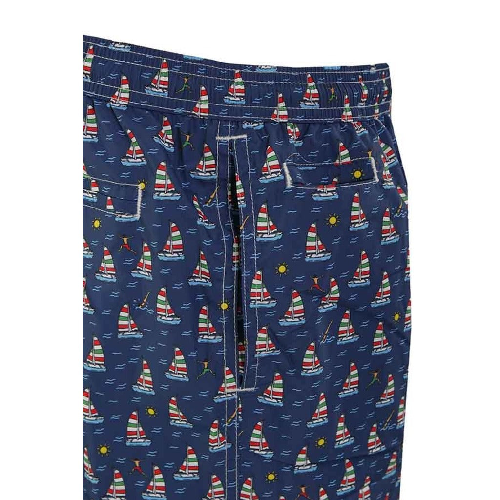 Mc2 Saint Barth – blue sailboat-print swim trunks – close-up of side pocket and stitching