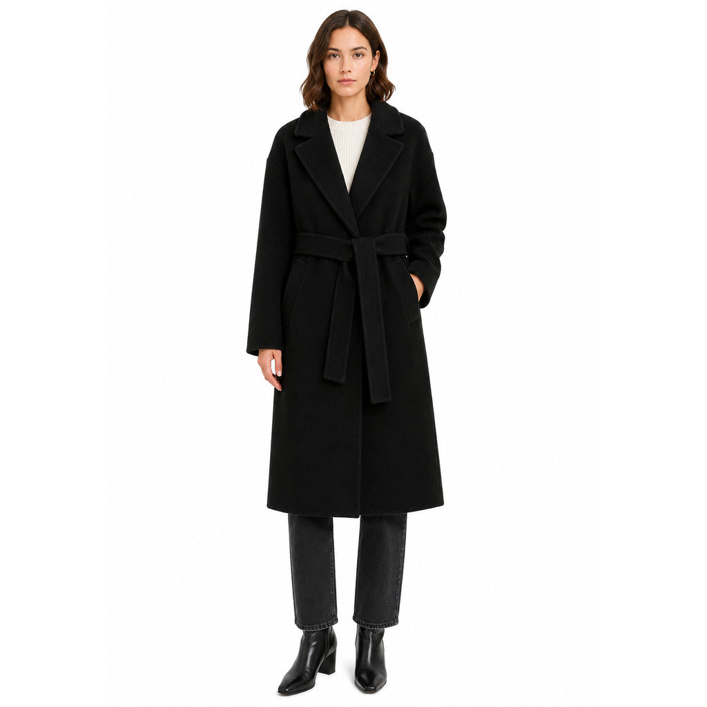 Bagutta – black wool belted long coat – model wearing it from the front