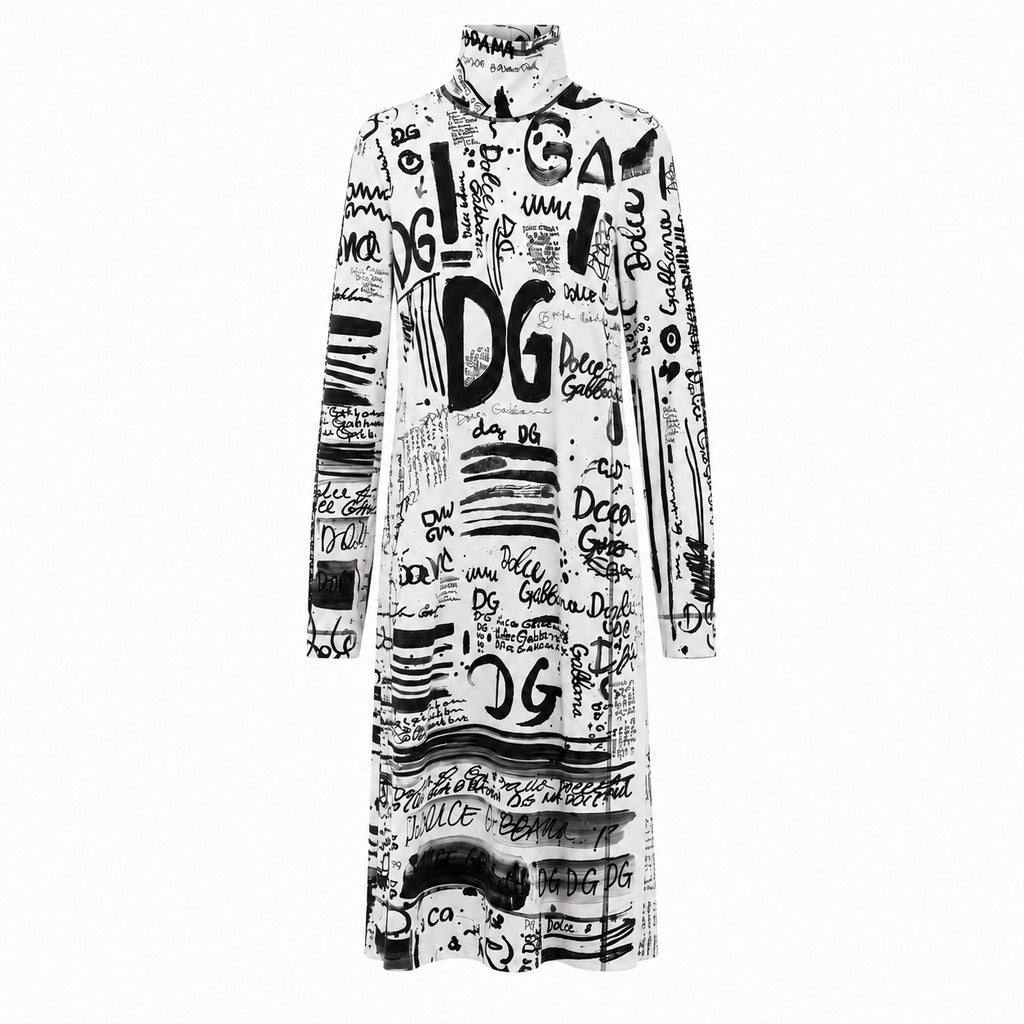 Dolce & Gabbana – white long-sleeved high-neck dress with black lettering – front flat packshot