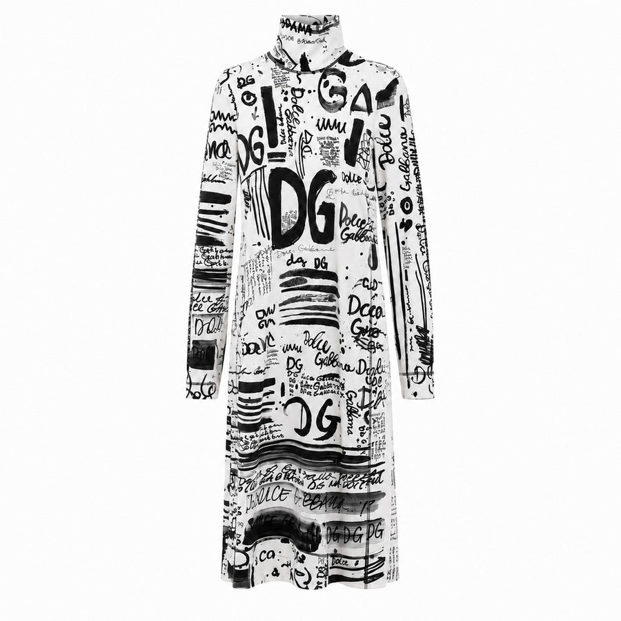 Dolce & Gabbana – white long-sleeved high-neck dress with black lettering – front flat packshot