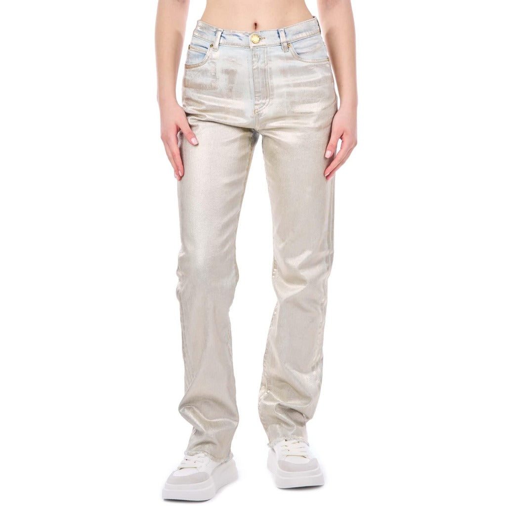 Pinko – Roxanne straight gray jeans with silver splatter – front worn view