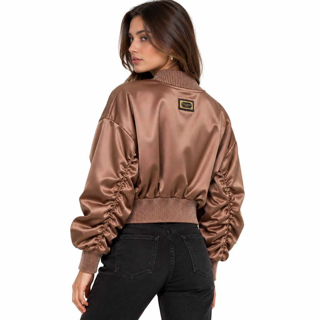 Dolce & Gabbana – brown pleated bomber jacket – worn back view with gathered sleeves