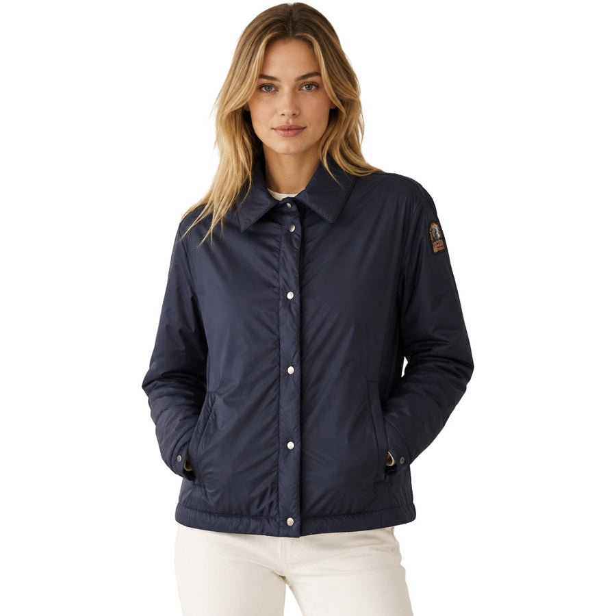 Parajumpers – Malia blue jacket – front view worn by a model, button fastening and pockets