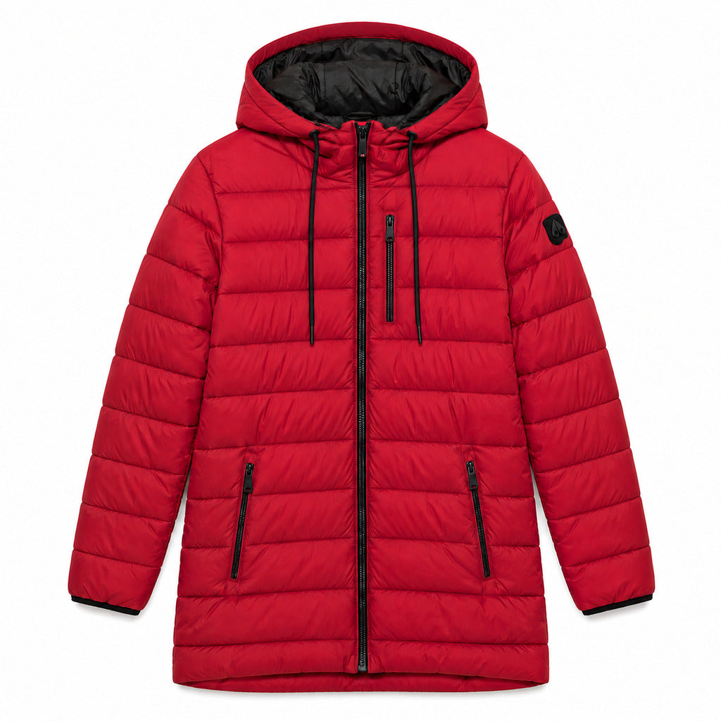 Moose Knuckles – red hooded puffer jacket – front view, flat with black lining