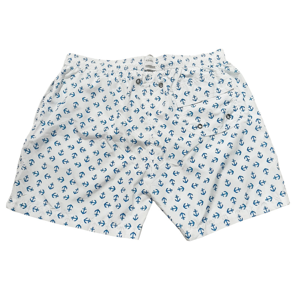 Yes Zee – white anchor-print polyester Bermuda shorts – back flat lay with pockets