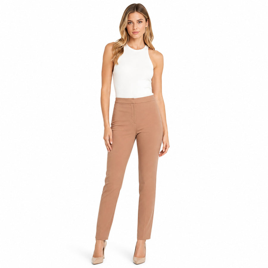 Pinko – slim brown trousers – front view worn with a white sleeveless top