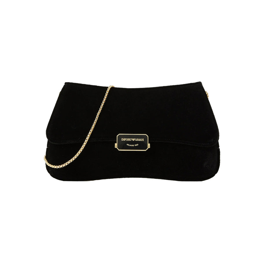 Emporio Armani – black velvet clutch bag – front view with chain and logo