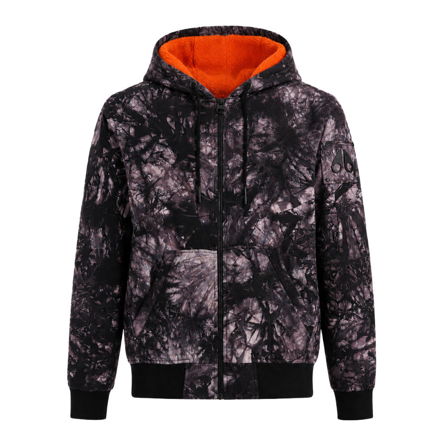 Moose Knuckles – black tie-dye hooded zip-up jacket – front view showing orange hood lining